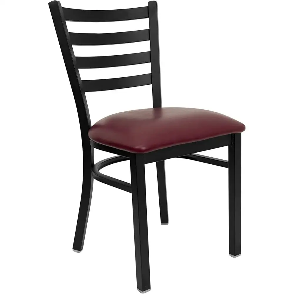 4 Pack Metal Restaurant Chairs with Ladder Back and Padded Seat Heavy Duty Indoor Dining Chairs Upholstered in Burgundy Vinyl