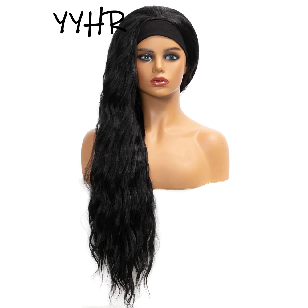 Synthetic Headband Wig for African Women Natural Long Water Wave Black High Quality Comfortable Scarf Wig for Female Daily Use