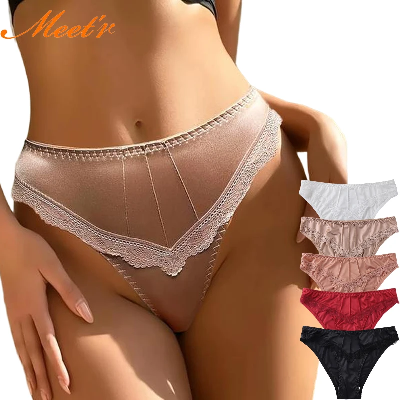 Meet'r Damen-Unterhose mit niedriger Taille, Spitze, Dreieck, Seidensatin, einteilige Dessous, neue sexy Spitzen-G-String-Höschen, Unterwäsche