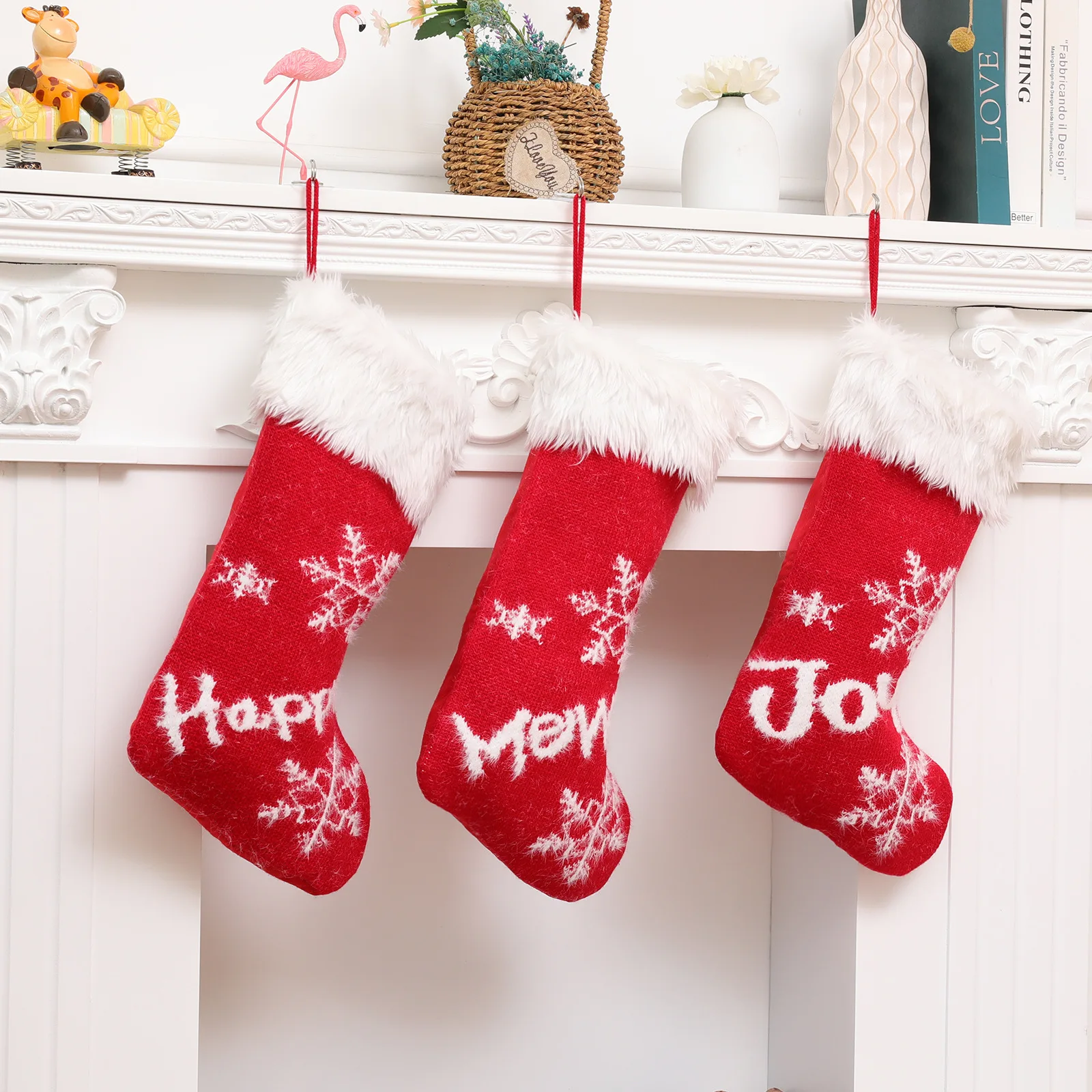 

Red Knitted Plush Christmas Stocking 2022 New Year Gift Bags Candy Holder Adornos Navidad Christmas Decoration For Fireplace