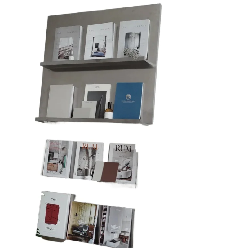 

Stainless steel book and newspaper shelves, medieval magazine display shelves against the wall