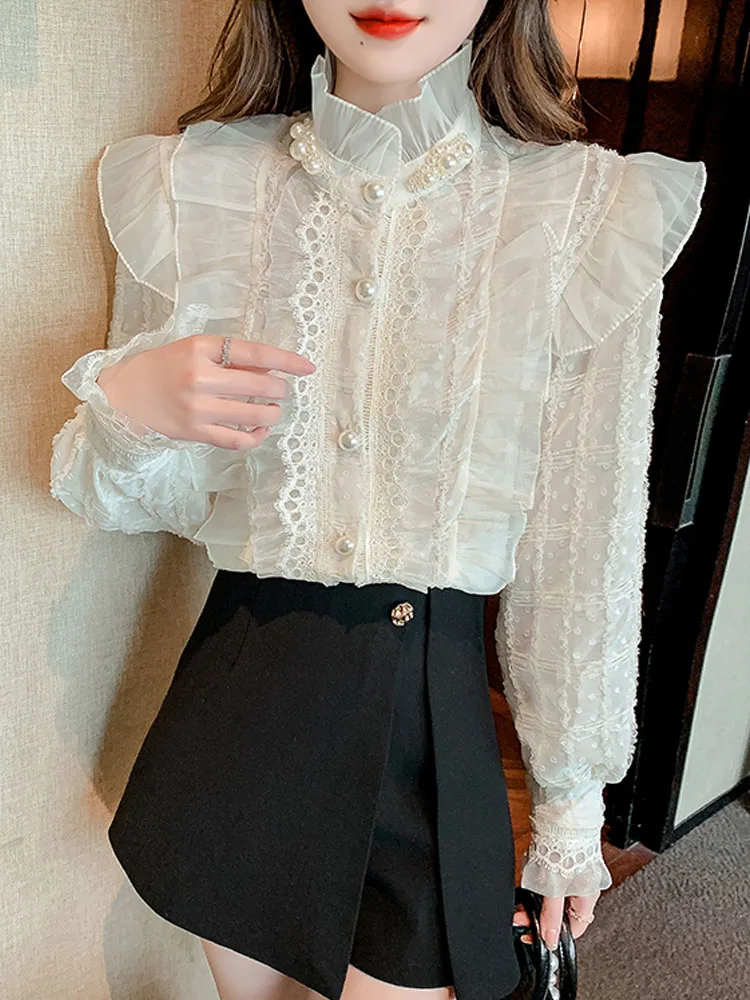 Elegant French Ruffle Vintage Blouse Lace Chiffon Women Stand Collar Bead Sweet Lady Shirt Long Sleeve Top Female Blusas 23023