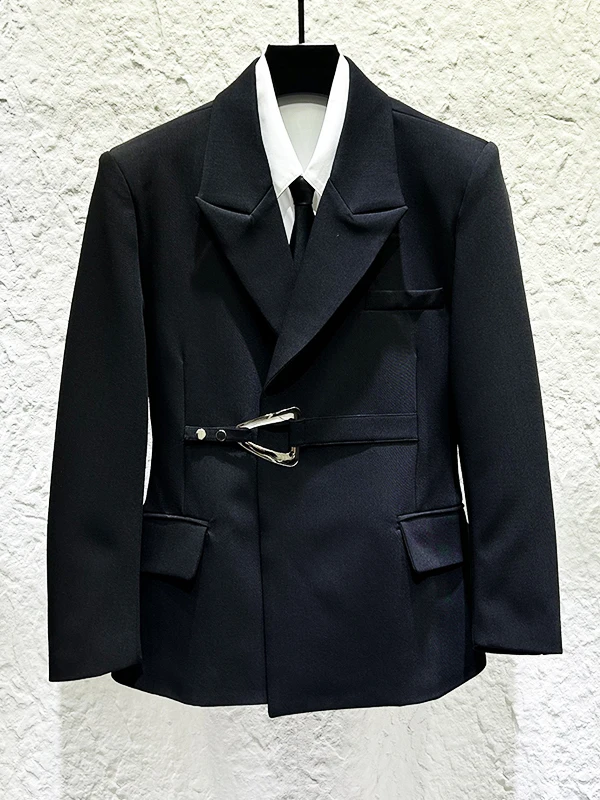 

Bla Metal Bule Waist-Cinching Men's Suit Jaet Faionable Briti Sle Casual Western Coat Classic Long Sve Pure Color