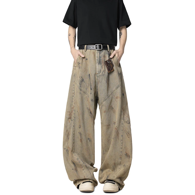 Dirty-dying Men's Jeans Washing Contrast Color Wide Leg 2026 Spring Autumn  Denim Pants Worn-out All-match Summer Male Bottom
