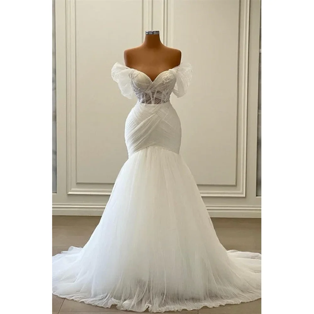 

Белое платье с открытыми плечами для выпускного вечера, элегантное плиссированное платье-Русалка с аппликацией, модное вечернее платье со шлейфом, модель 2024 года