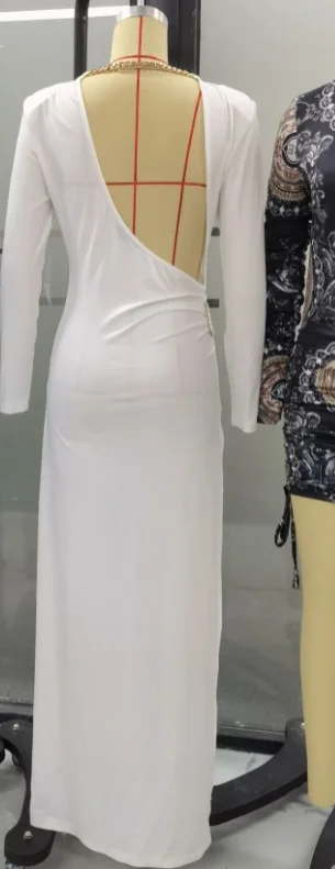 Sexy Dresses for Women 2022 Autumn White Long Sleeve Backless High Slit Buckled Skinny Party Maxi Evening Dress