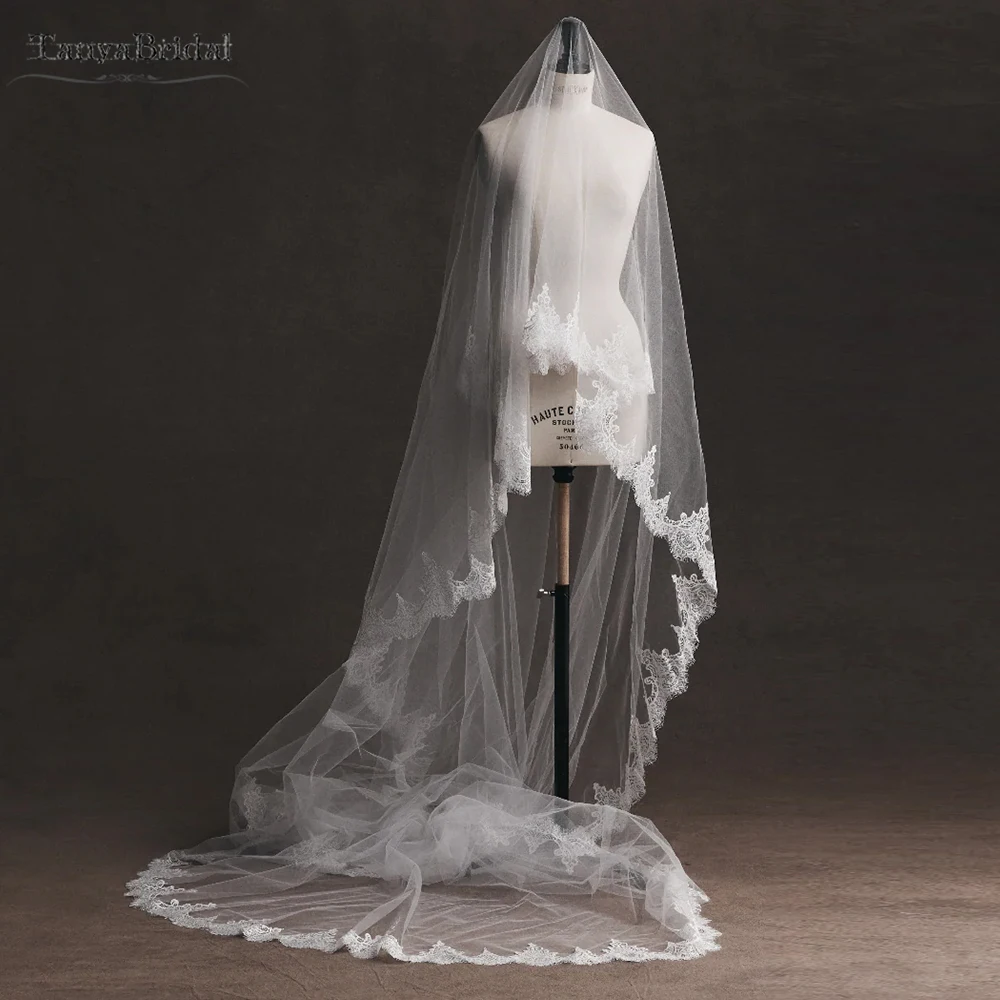 

Однослойная тюлевая свадебная длинная фата с роскошным кружевным краем, фата длиной 3 м DV070