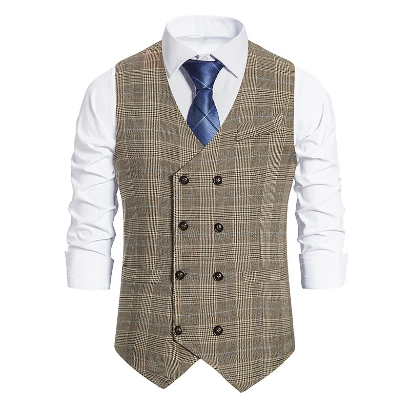 #4829 Grey Khaki Double Breasted Vests Coat Men Regular Fit Business Men\'s Vest Vintage Plaid Sleeveless Blazer Vest Waistcoat