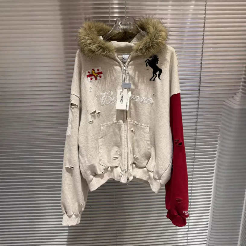 

Protocol Index 2026 - Colored Patterned Vintage Washed Damaged Fur Collar War Horse Hooded Jacket Coat