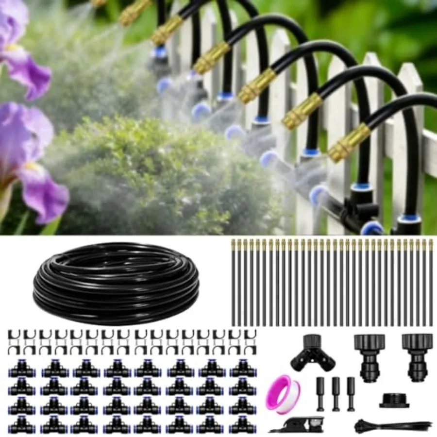 100 Feet Drip Irrigation System for Garden - Drip Irrigation Kit with 19 360°Adjustable Copper Nozzles Hose Automatic Atomizing