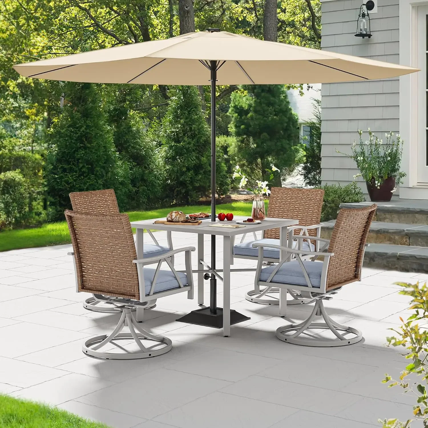 5Piece Patio Dining Set, Outdoor Wicker Conversation Furniture w/4 Swivel Dining Chairs& 2