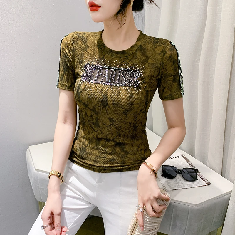 MadBlack Summer European Clothes T-Shirt Woman O Necks Mesh Patchwork Hot Drill Slim Tops Short Sleeve Elastic Tees Hand T34602C