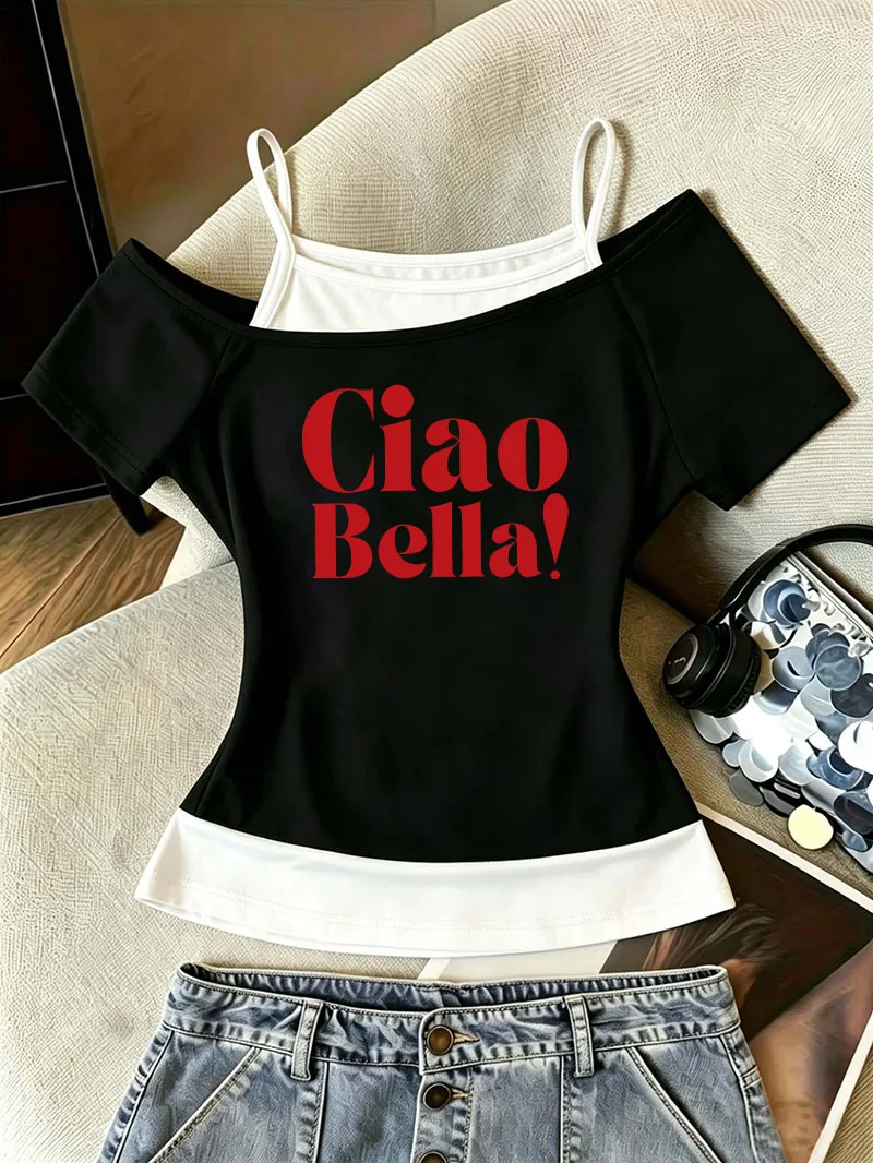 90s Ciao Bella Letter T Shirt Women Fashion T-Shirt Off-Shoulder Graphic 2000s Graphic Chic Girls T Shirt Y2k Tops Tee