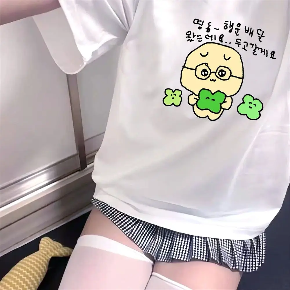 Yellow Character with Glasses and Clover Print T-Shirt Women Kawaii Summer Short Sleeve Korean Text Harajuku Y2k Streetwear Tops image 3