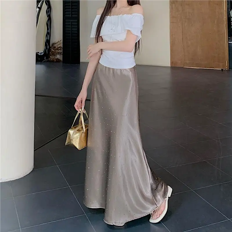 Inig paillettes Fi queue jupe taille haute coupe ajustée drapée a-ligne Ele jupe longue femmes été nouveau Sle Polyester Fiber