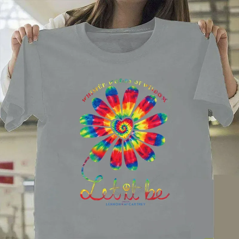 Camiseta solta de manga curta com gola O feminina, camiseta casual feminina, deixe ser colorida girassol estampa tops