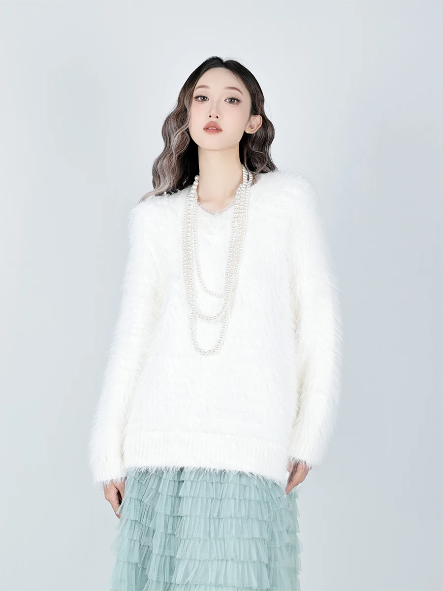 

Bylu Soft Waterfall Fur V-Ne Knitted Sweater Women's Autumn Winter Loose Long Sve Overhead Fuzzy Long Hair Top