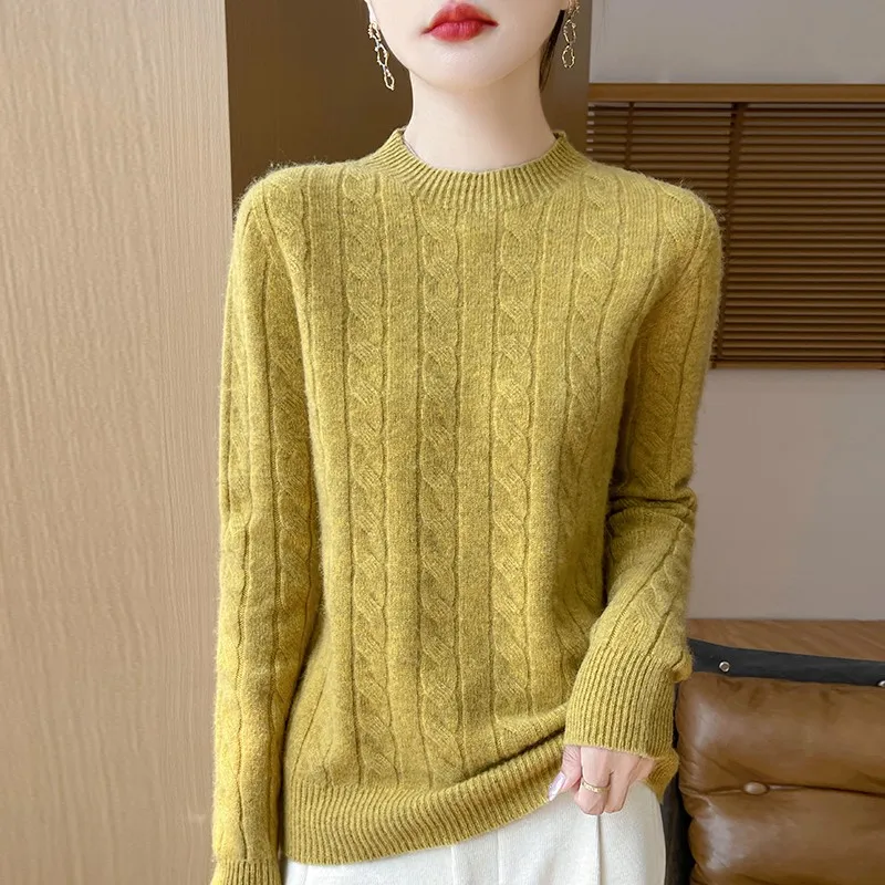 

Autumn New Women Sweater 100% Merino Wool Thick Warm O-Neck Pullover Twist Flower Cashmere Knitwear Casual Female Clothes