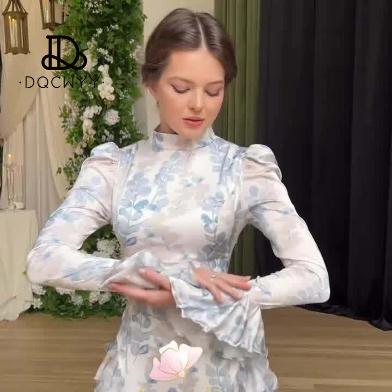 2025 New in Spring Gentle Style Slim Fit Lace Up Printed Satin Dress Long Sleeved Long Dress for Women Elegent Woman Clothing