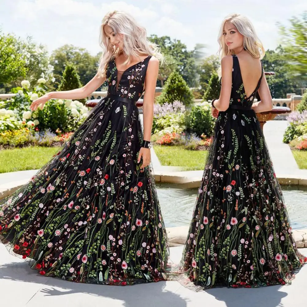 

Evening Gown Elegant Floral Embroidery Maxi Dress for Women V Neck A-line Ball Gown with High Waist Double-layer for Cocktail