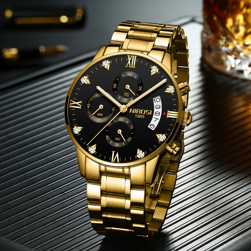 NIBOSI Brand Luxury Chronograph Quartz Couple Watch For Men and Women Stainless Steel Gold Strap Waterproof Lovers Wristwatches