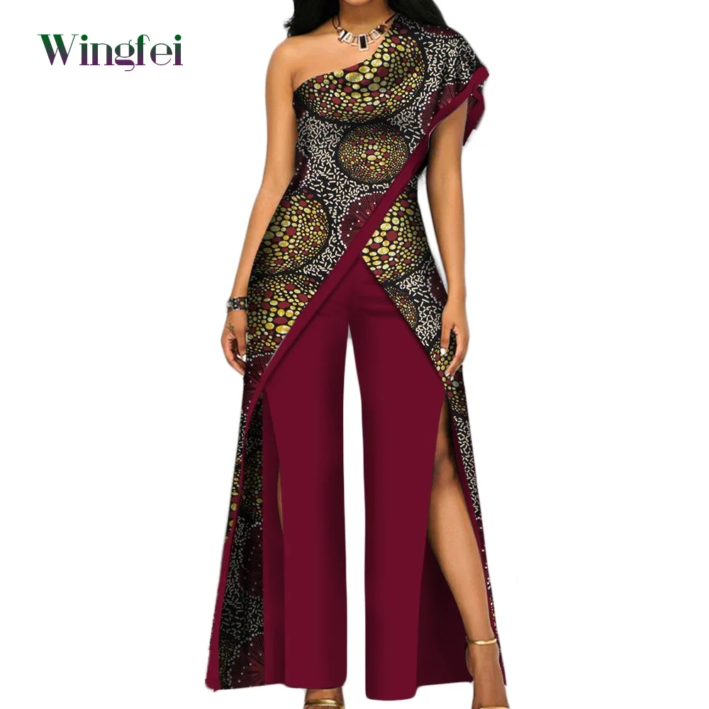 Africa Clothes for Women Ankara Fashion Pant Set for Women Sexy Off Shoulder Trousers Sets Dashiki Clothing Print Cotton WY2373