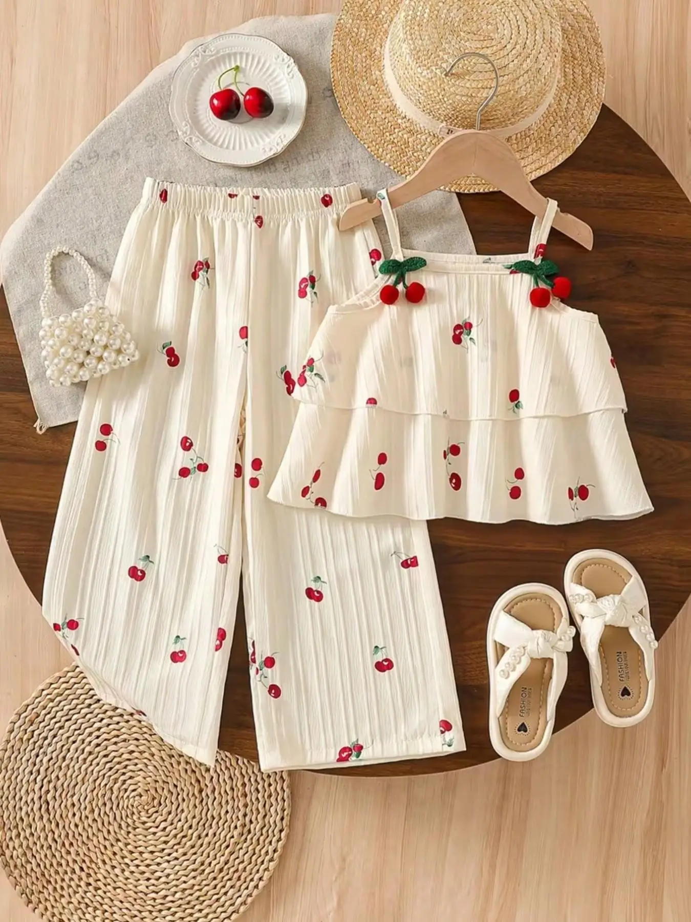 Girls Summer Cream Cherry Print Halter Top Set Cute Ditsy Floral Slim Fit Perfect for Daily Wear School Family Trips Park Walks