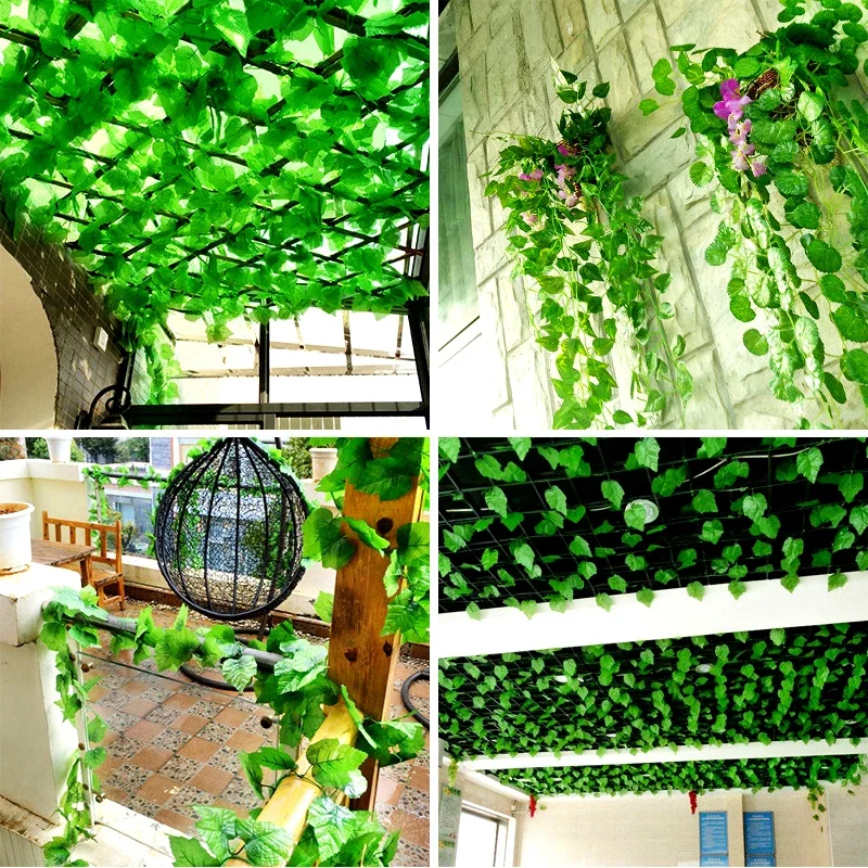 2M Artificial Plants Rattan Creeper Green Ivy Leaf Hanging Vine DIY Garland Foliage Fake Wreath Leaves Home Garden Wedding Decor