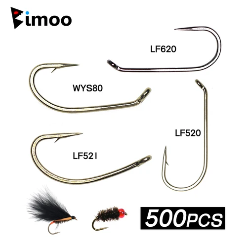 Bimoo-anzuelo de acero al carbono para pesca, anzuelo de 500 Uds., 8 # ~ 22 #, atado de moscas con púas y barberos, ninfa, Pupae, Caddis Scud, Midge
