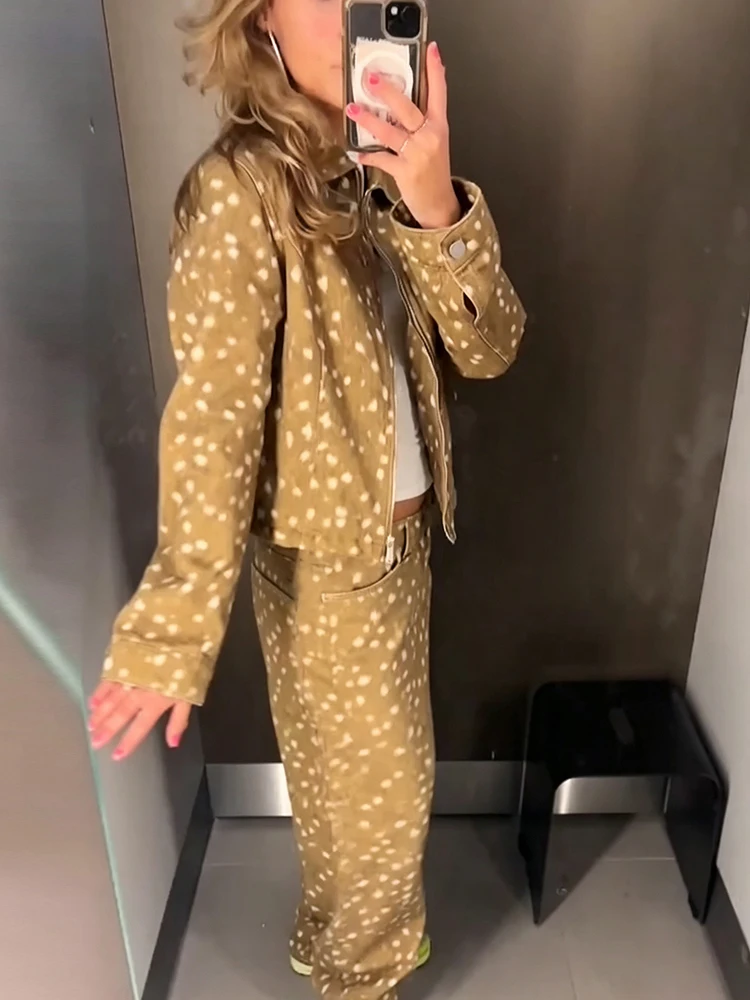 Retro Amerikanischer Hirsch-Punktdruck 2-Teiliges Outfit Reißverschluss-Jacke Knopflose Weite Hose 2026 Winter Neue Lässige Damen-Hosen-Sets – Detail 11