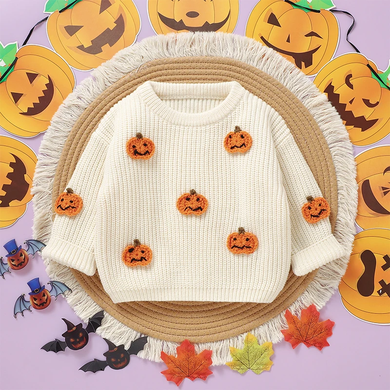 Baby Girls Boys Knitted Sweater Long Sleeve Crew Neck Pumpkin Warm Halloween Clothes Outerwear Winter Kids Tops Outfits