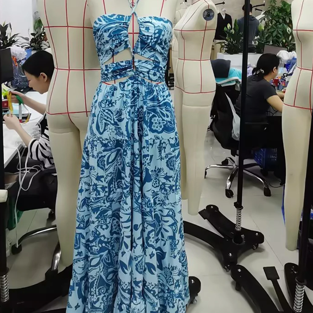 2025 Women Lace-up Long Dress Sleeveless Halter Dress Backless Flower Print Hollowed Summer Swing Dress Beach