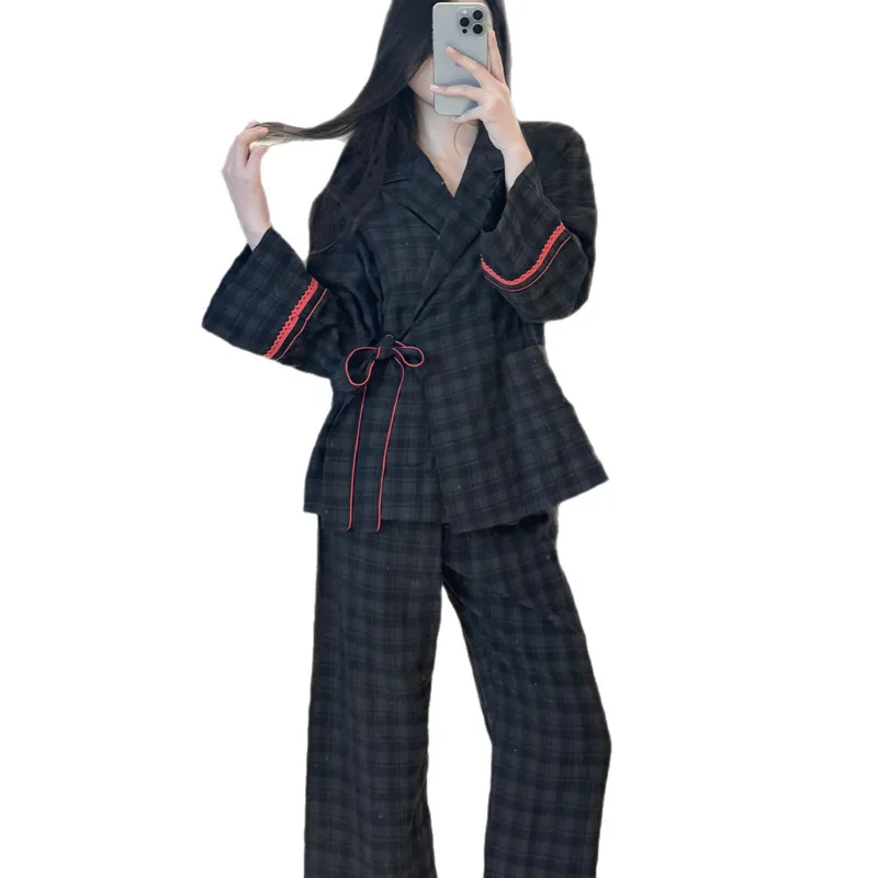 26 Spring Autumn Casual Elegant Luxury Patchwork Belts Long-sleeve Pants Pajama 2piece Set Women V-neck Nightgown Sleepwear