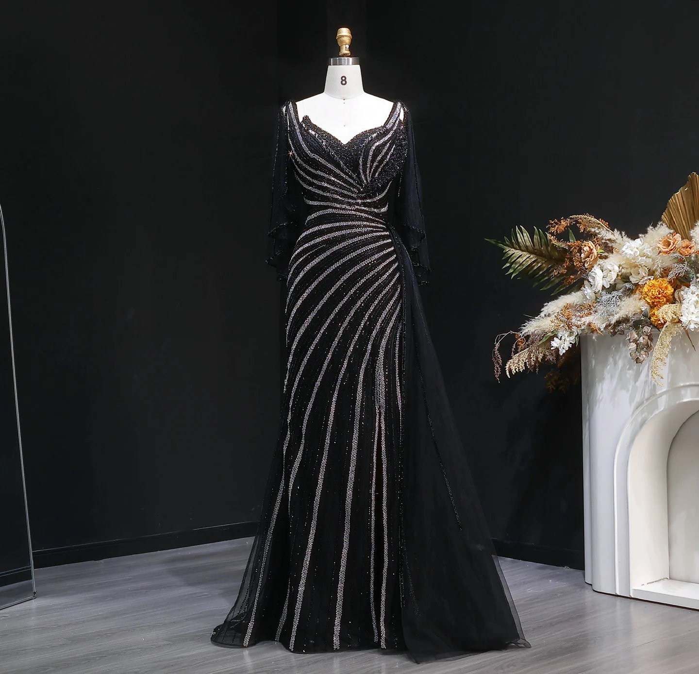 Sharon Said Luxuriöses Schwarzes Abendkleid, Lang, Perlenbesetzt, V-Ausschnitt, Cape-Ärmel, Elegante Ballkleider, Hochzeitsfeier, Damen, SS063, Maßanfertigung – Detail 4