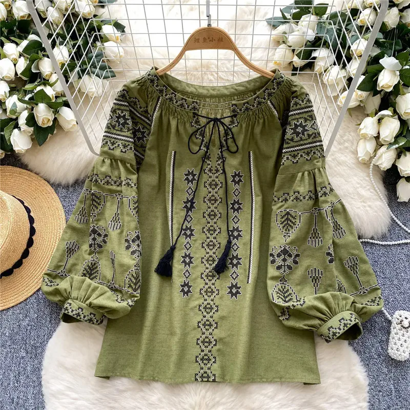 2025 Spring New Blouse Women Fashion Versatile Embroidery Lantern Sleeve Lace Up O-Neck Pullover Shirt Female Loose Tops B961