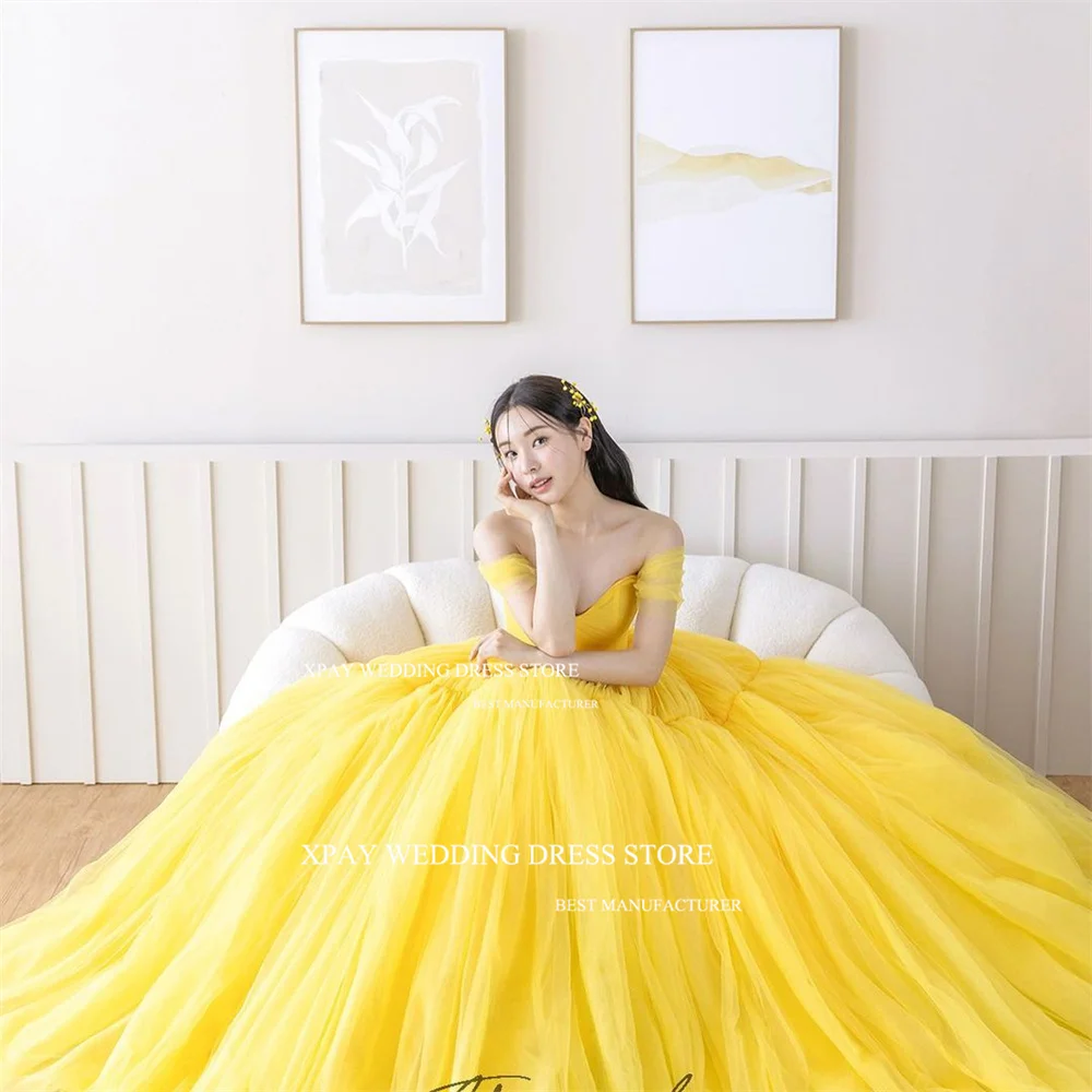 XPAY Fairy Sweetheart Yellow Korea Colorful Wedding Dresses Off Shoulder Floor Bridal Gown Photo Shoot A Line Corset Bride Dress