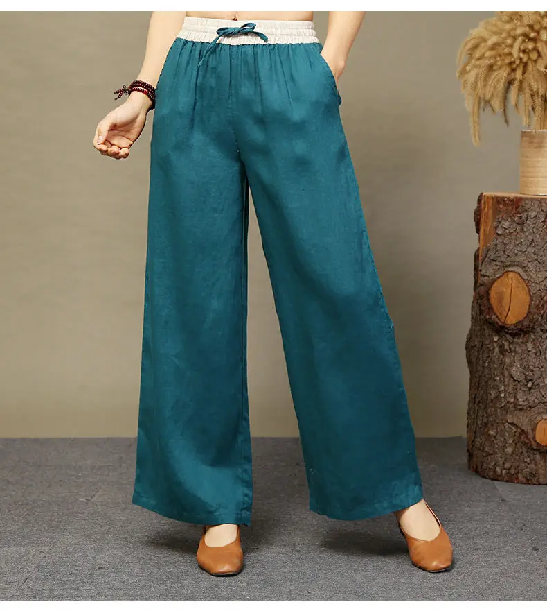 Nuovi pantaloni estivi a gamba larga a vita alta in cotone e lino