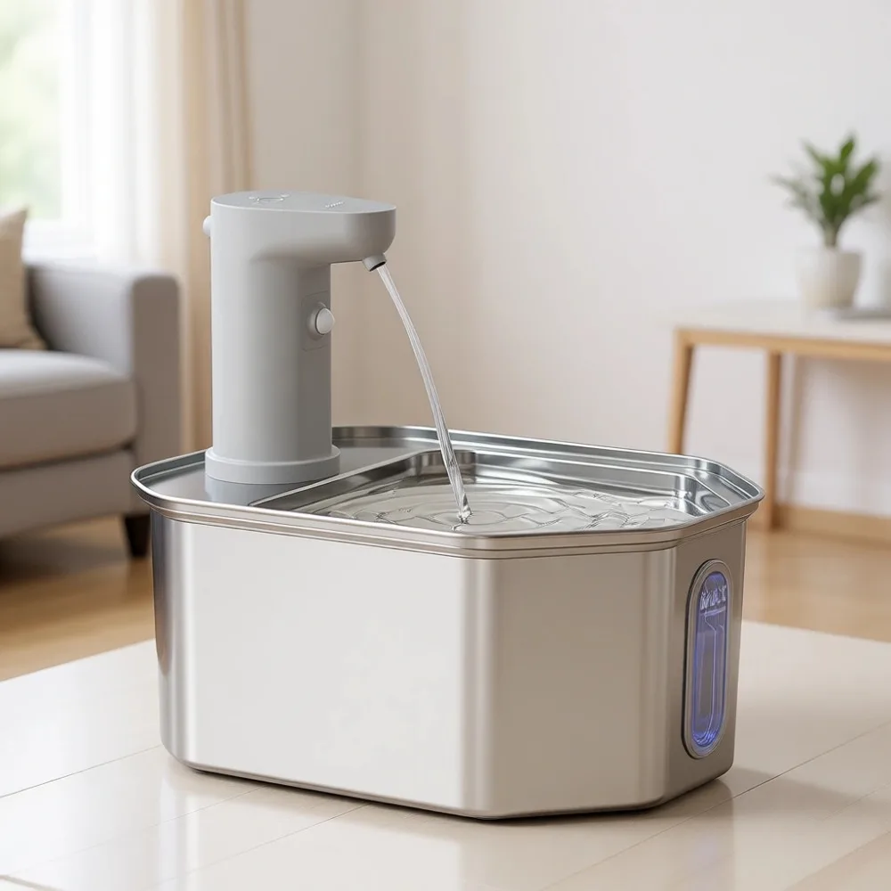 

Беспроводной фонтан для животных из нержавеющей стали, 2,6 л (88 унций), с бесшумным насосом и 4 фильтрами