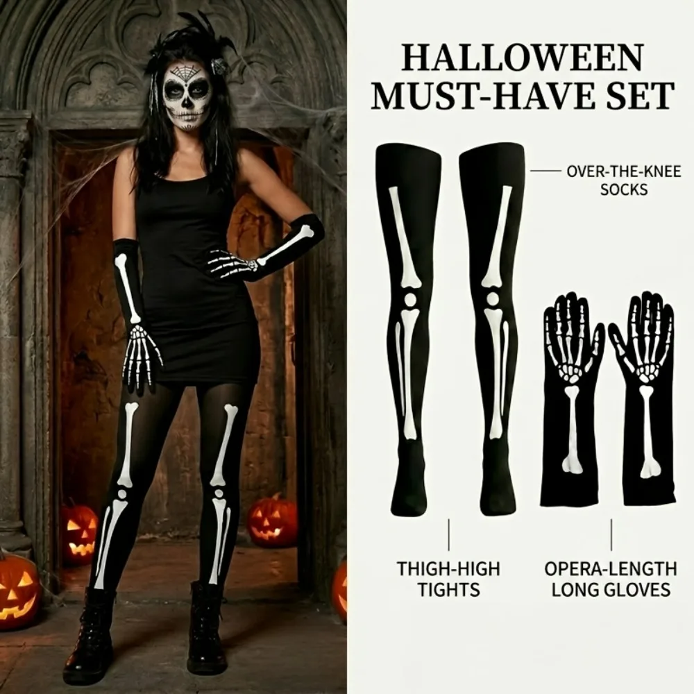 Women's Full Finger Skeleton Gloves and Over The Knee Skeleton Stocking Set Black Long Sleeve Leggings Suitable for Halloween