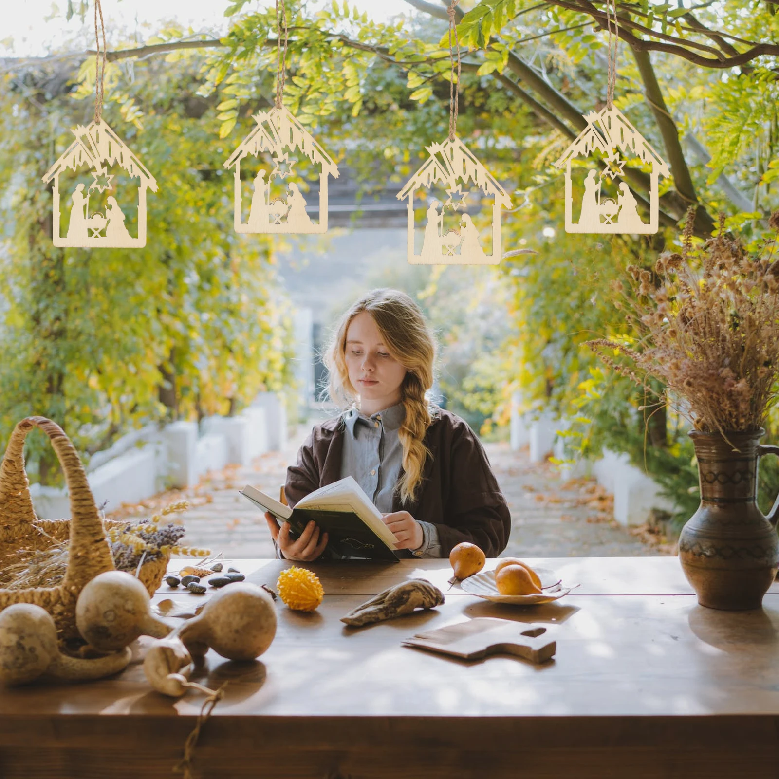 

20Pcs Jesus Birth Pendant Hemp Rope Wooden Hanging Decor Religious Festival Ornament Home Decoration Wood Craft