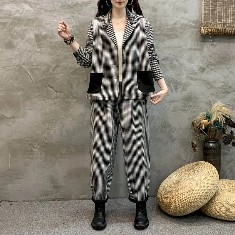 

Брюки Костюмы для женщин Клетчатый костюм с воротником-поло Куртки и шаровары Комплект из двух предметов для женщин LOOSE High Street Женская одежда