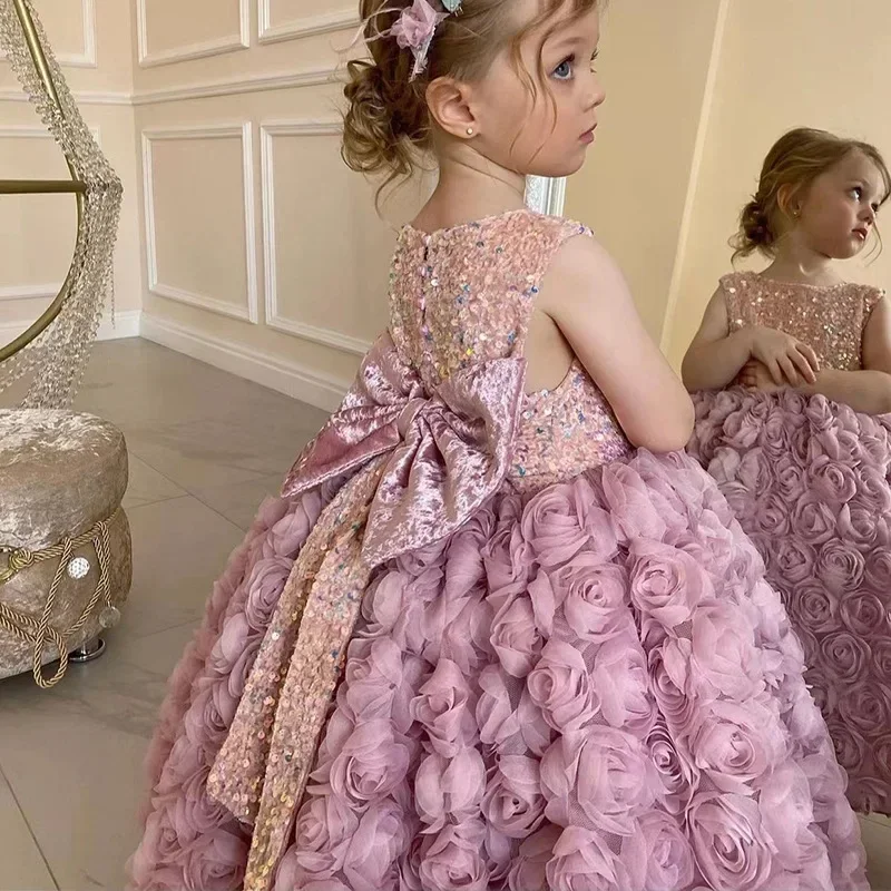 

Gorgeous Rose Child Flower Girl Dresses Sequin Birthday Bow Princess Tea Length Dress Sleeveless Wedding Party Pageant Dresses