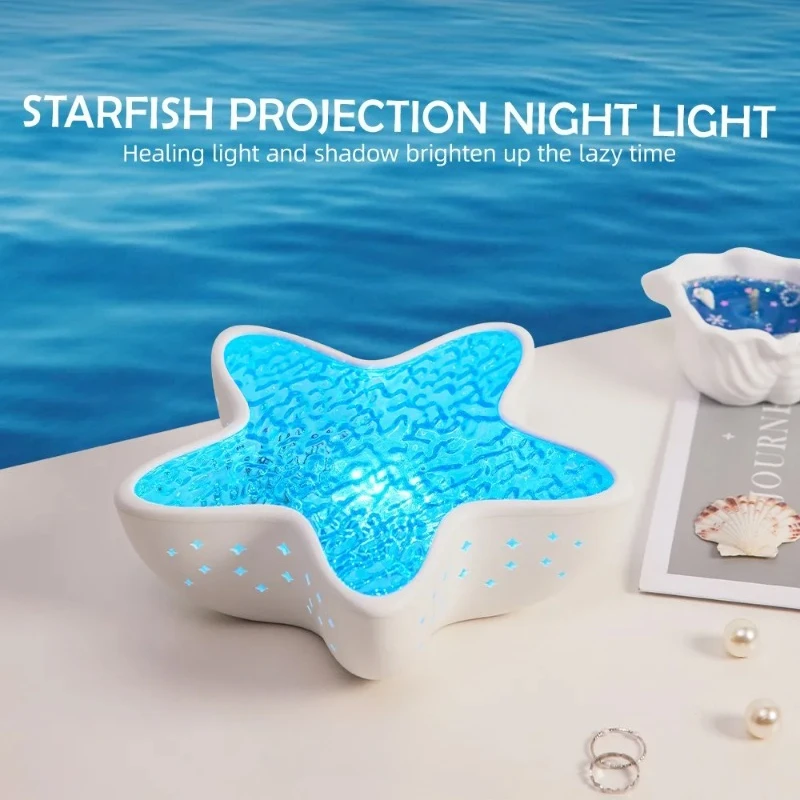 2 pcs Starfish Projector Night Light 7 Colors Changing Ambient Lighting Stepless Dimming Beside Table Lamp For Kids Gift