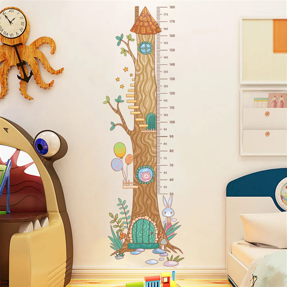 Cartoon Big Tree Animals Height Measure Wall Sticker Airship Rocket Wallpaper For Kids Room Nursery Child Growth Ruler Chart Art