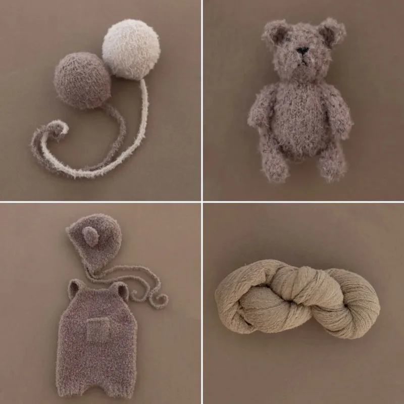 Newborn Photography Outfit Brown Knitted Plush Bear Hat Jumpsuit Set Balloon and Doll Toy Studio Baby Photo Shooting Accessories