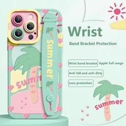 Deluxe Wrist Band Bracket Case Applicable Iphone 1514 13 12 11 ProMax X XR Xs Silicone Cell Phone Protective Cover Coconut Trees