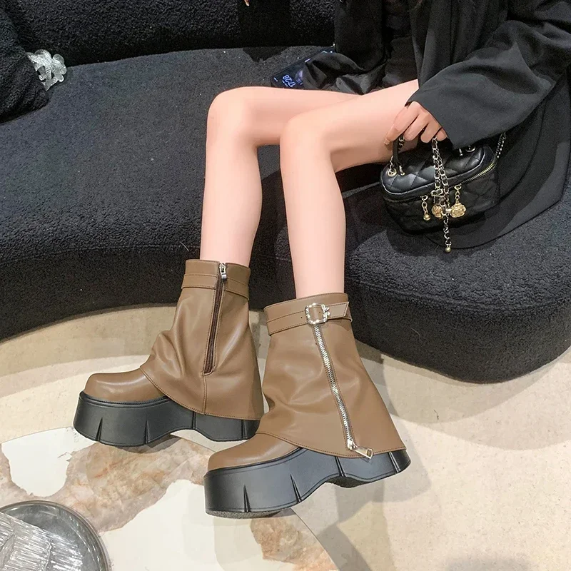 

New Autumn High Chunky Heeled Pants Boots For Women Mid-calf 8cm Platform Wedges Zip Luxury Design Fashion Shark Booties Winter