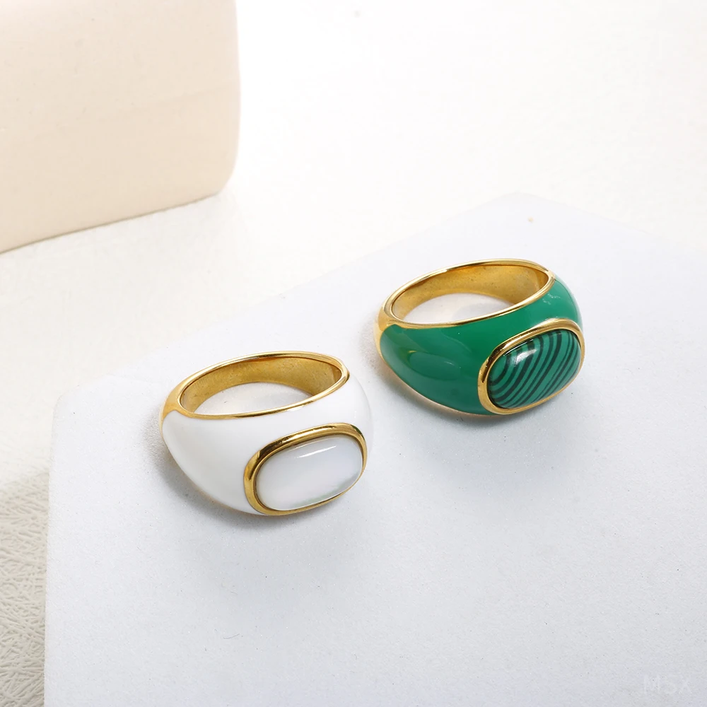 

Temperament Ring For Women Man White Green Geometric Ring Simple Design Sense Fashion Jewelry Gifts Stainless Steel Waterproof