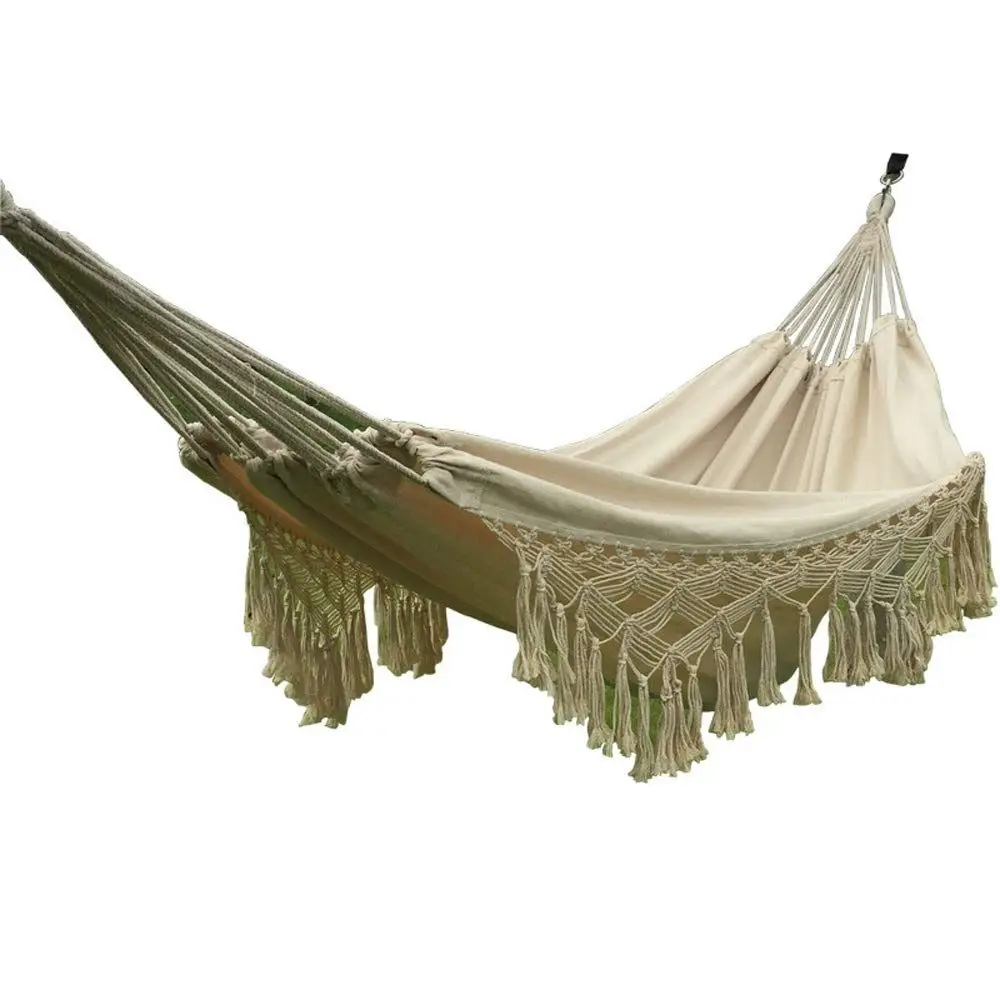 

Cotton Woven Balcony Hammock Hanging Rope Chair Porch Swing with Crochet Fringe for Backyard Patio Garden Outdoor and Indoor Bo