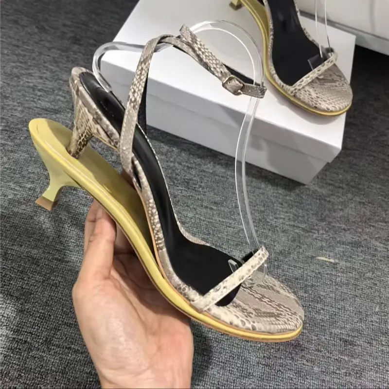 Uniquely Designed Double Heel Women's Sandals Snakeskin Pattern Genuine Leather Strange Heel Shoes Summer Fashion High Heels